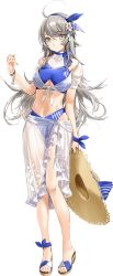 Rule 34 | 1girl, ahoge, armlet, blue hairband, blue one-piece swimsuit, blush, breasts, flower, grey eyes, grey hair, hair between eyes, hairband, hat, kantai collection, large breasts, long hair, official alternate costume, official art, one-piece swimsuit, see-through sarong, shirt, solo, straw hat, sun hat, swimsuit, tied shirt, transparent background, washington (kancolle), white shirt, zeco
