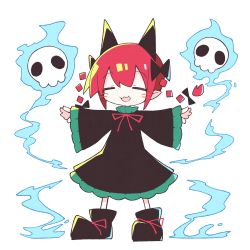 Rule 34 | 1girl, animal ears, asameshi, black bow, black dress, black footwear, bow, braid, cat ears, chibi, commentary, dress, extra ears, closed eyes, floating skull, full body, hair bow, highres, kaenbyou rin, long hair, long sleeves, open mouth, outstretched arms, pointy ears, red hair, red neckwear, shoes, simple background, smile, solo, spread arms, touhou, twin braids, twintails, white background