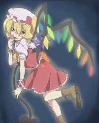 Rule 34 | 1girl, bad id, bad pixiv id, blonde hair, blouse, boots, fang, female focus, flandre scarlet, frilled vest, frills, gradient background, hair between eyes, hat, maruki (punchiki), mob cap, shirt, short hair, solo, touhou, vest, white hat, white shirt, wings