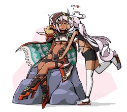 Rule 34 | 2girls, ahoge, azur lane, bandeau, black cape, black footwear, black shorts, bodypaint, boots, breast curtain, breasts, cape, closed mouth, commentary, commission, dark-skinned female, dark skin, english commentary, closed eyes, facepaint, full body, green cape, heart, heart ahoge, highres, indianapolis (azur lane), kiss, kissing cheek, loincloth, long hair, medium breasts, minneapolis (azur lane), multicolored cape, multicolored clothes, multiple girls, one eye closed, pink hair, ponytail, red eyes, revealing clothes, rock, shorts, signature, sirhoopsalot, sitting, smile, thighhighs, twintails, two-sided cape, two-sided fabric, underboob, very long hair, white hair, white legwear, yuri