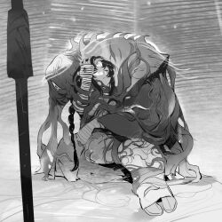 Rule 34 | 1boy, 1girl, arm wrap, bound, bound legs, braid, closed eyes, covered face, crying, greyscale, hair over face, hand in another&#039;s hair, hand on another&#039;s head, highres, hug, indoors, japanese clothes, kimono, kneeling, long hair, looking away, looking down, monochrome, monster boy, original, parted lips, robe, sakekasu (lofter), shoes, sitting, sitting on lap, sitting on person, sketch, tears, third eye, very long hair, weapon