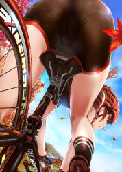 Rule 34 | 1girl, ass, ass focus, autumn, autumn leaves, bent over, bicycle, bicycle helmet, bike shorts, biker clothes, black gloves, black socks, blue sky, brown hair, cloud, crotch seamed- legwear, day, falling leaves, fingerless gloves, from behind, from below, gloves, helmet, highres, kneepits, leaf, maple leaf, mikazuki akira!, mountainous horizon, open mouth, original, outdoors, panties under bike shorts, pantylines, red eyes, riding, short hair, short sleeves, sideways mouth, sky, socks, solo, spandex, sweat, thighs, tree
