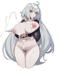 Rule 34 | 1girl, ahoge, arm under breasts, black choker, blush, breasts, choker, cleavage, collarbone, cropped jacket, cum, cum on body, cum on breasts, cum on hair, cum on legs, cum on stomach, cum on upper body, cumdrip, ejaculation, facial, fate/grand order, fate (series), female pubic hair, grey hair, highres, huge breasts, jacket, jeanne d&#039;arc alter (fate), large breasts, long hair, long sleeves, looking at viewer, navel, nipples, no panties, open clothes, open jacket, orange eyes, parted lips, partially unzipped, plump, psidubs, pubic hair, pulled by self, simple background, solo, stomach, thick thighs, thighs, unzipped, unzipping, very long hair, white background, zipper, zipper pull tab