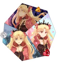 Rule 34 | 1girl, amber (gemstone), angry, black nails, blonde hair, blush, cape, choker, commentary request, diamond (gemstone), earrings, embarrassed, ereshkigal (fate), fate/grand order, fate (series), gem, grey eyes, hair ribbon, highres, jewelry, light blush, long hair, multiple views, nail polish, parted bangs, petals, red eyes, red gemstone, red ribbon, ribbon, skull, smile, sodamachi, spine, sweatdrop, tiara, tohsaka rin, two side up, wavy mouth, yellow eyes