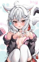 Rule 34 | 1girl, absurdres, animal ears, bad id, bad pixiv id, bell, blush, breasts, cat ears, collar, controller, earrings, fish hair ornament, game controller, hair ornament, hairclip, heart, heart hands, highres, hood, hoodie, jewelry, jingle bell, legwear garter, medium breasts, nekoya minamo, no bra, off shoulder, open clothes, open mouth, orange eyes, original, small breasts, thighhighs, thighs, white hair, white thighhighs, x hair ornament