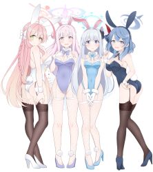 Rule 34 | 4girls, ahoge, ako (blue archive), alternate costume, angel wings, animal ears, ass, black pantyhose, black thighhighs, blue archive, blue eyes, blue hair, blunt bangs, bow, bowtie, braid, breasts, cleavage, commentary request, detached collar, duplicate, fake animal ears, fake tail, feathered wings, fingers to cheeks, fishnet pantyhose, fishnets, from side, full body, garter straps, gradient hair, green eyes, groin, hair between eyes, hair bow, hair bun, hair ribbon, halo, hanako (blue archive), hand on own hip, hand on own chest, high heels, highleg, highleg leotard, highres, hoshino ouka, large breasts, leaning forward, leotard, long hair, looking at viewer, mika (blue archive), miyako (blue archive), multicolored hair, multiple girls, one side up, own hands together, pantyhose, pink eyes, pink hair, playboy bunny, rabbit ears, rabbit tail, ribbon, side braid, sidelocks, simple background, single braid, single side bun, sleeveless, smile, standing, strapless, strapless leotard, tail, thighhighs, very long hair, white background, white bow, white hair, white wings, wings, wrist cuffs, yellow eyes