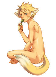 Rule 34 | 1boy, animal ears, artist request, barefoot, blonde hair, blue eyes, crossed legs, dog ears, fox ears, fox tail, full body, kobashi, leaf, lowres, male focus, naruto, naruto (series), nude, simple background, sitting, solo, tail, uzumaki naruto, white background