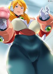 Rule 34 | 1girl, alia (mega man), android, artificial vagina, blonde hair, blue eyes, blush, breasts, cafekun, gloves, grey pants, high-waist pants, highres, large breasts, looking at viewer, medium hair, mega man (series), mega man x (series), open mouth, pants, robot ears, sex toy, smile, solo, thick thighs, thighs, underbust, white gloves