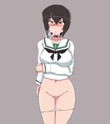 Rule 34 | 1girl, arm under breasts, black hair, blush, breasts, brown eyes, girls und panzer, highres, kawashima momo, large breasts, monocle, navel, ooarai school uniform, open mouth, panties, panty pull, picccolo0401, pussy juice, short hair, solo, underwear