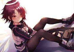 Rule 34 | 1girl, arknights, black footwear, black pantyhose, blush, commentary request, exusiai (arknights), gun, halo, high collar, holding, holding gun, holding weapon, jacket, looking at viewer, pantyhose, raglan sleeves, red eyes, red hair, shadow, shoes, short hair, sitting, smile, sneakers, solo, thighs, weapon, white background, white jacket, yuki kawachi