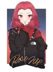 Rule 34 | 1girl, :3, black jacket, blush, border, character name, fang, finger to mouth, forehead, girls und panzer, gradient background, highres, jacket, light blush, medium hair, outside border, red eyes, red hair, red sweater, rosehip (girls und panzer), skin fang, solo, sweater, the north face, white border, zono (inokura syuzo029)
