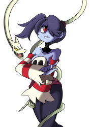 Rule 34 | 1girl, absurdres, bare shoulders, black pants, blue skin, breasts, closed mouth, collarbone, colored skin, detached sleeves, expressionless, female focus, hair over one eye, hand up, highres, legs together, leviathan (skullgirls), looking up, lucyfer, pants, pointing, purple hair, purple shirt, red eyes, shirt, side ponytail, simple background, skull, skullgirls, small breasts, solo, squigly (skullgirls), standing, stitched mouth, stitches, strapless, strapless shirt, striped, striped sleeves, white background, yellow eyes, zombie