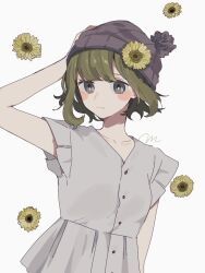 Rule 34 | 1girl, arm up, bare arms, beanie, blunt bangs, buttons, closed mouth, collarbone, dress, flower, green eyes, green hair, grey dress, hand on headwear, hat, looking at viewer, maco22, original, short hair, short sleeves, signature, simple background, solo, sunflower, upper body, white background, yellow flower