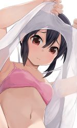 Rule 34 | 1girl, bikini, black hair, blush, breasts, brown eyes, clothes lift, collarbone, embarrassed, from below, frown, highres, hiroki (yyqw7151), k-on!, long hair, looking at viewer, looking down, nakano azusa, navel, pink bikini, shirt, shirt lift, simple background, small breasts, solo, swimsuit, tank top, twintails, upshirt, white background, white shirt