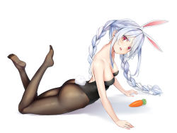 Rule 34 | 1girl, animal ear fluff, animal ears, arm support, ass, bare shoulders, black leotard, black pantyhose, blue hair, blush, braid, breasts, carrot, carrot hair ornament, feet up, food-themed hair ornament, from side, full body, hair ornament, highres, hololive, leotard, long hair, looking at viewer, multicolored hair, open mouth, pantyhose, playboy bunny, rabbit ears, rabbit girl, rabbit tail, short eyebrows, solo, strapless, strapless leotard, tail, terebi (shimizu1996), thick eyebrows, twin braids, two-tone hair, usada pekora, virtual youtuber, white hair