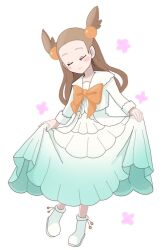 Rule 34 | 1girl, blush, boots, bow, closed eyes, creatures (company), curtsey, dress, flower, full body, game freak, hair ornament, hanecco (arumican orange), jasmine (pokemon), nintendo, pokemon, pokemon bdsp, simple background, smile, solo