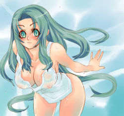 Rule 34 | bent over, blush, breasts, cleavage, green eyes, green hair, large breasts, long hair, see-through, solo, tsuutenkaaku, wet, wet clothes
