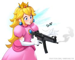 Rule 34 | 1girl, absurdres, blonde hair, blue eyes, blush, breasts, cowboy shot, crown, dress, earrings, elbow gloves, english text, gloves, gun, heckler &amp; koch, highres, holding, holding gun, holding weapon, jewelry, lips, long hair, mario (series), mleth, mp5a3, nintendo, pink dress, pink lips, princess peach, simple background, smoke, smoking barrel, sound effects, sphere earrings, submachine gun, super mario bros. 1, trigger discipline, twitter username, weapon, white background, white gloves