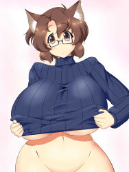 Rule 34 | 1girl, animal ears, bottomless, breasts, brown eyes, brown hair, cat ears, cat girl, clothes lift, curvy, female focus, glasses, groin, highres, huge breasts, large breasts, lute (apocalypselibrary), no bra, original, ribbed sweater, shirt lift, short hair, solo, standing, sweater, turtleneck, underboob, wide hips