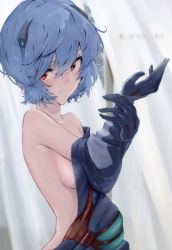 Rule 34 | ayanami rei, blue bodysuit, bodysuit, breasts, closed mouth, cowboy shot, curtains, dressing, evangelion: 3.0+1.0 thrice upon a time, expressionless, hairpods, highres, indoors, interface headset, looking at viewer, neon genesis evangelion, pilot suit, plugsuit, rebuild of evangelion, red eyes, short hair, sideboob, small breasts, solo, standing, upper body, window, yagisawa teru