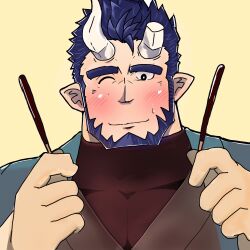 Rule 34 | 1boy, bara, beard, blush, broken horn, demon boy, demon horns, facial hair, food, hands up, highres, holding, holding food, holding pocky, horns, kaeru333938123, live a hero, looking at viewer, male focus, mature male, muscular, muscular male, nessen (live a hero), one eye closed, pocky, pocky day, pointy ears, short hair, smile, solo