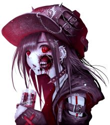 Rule 34 | 1girl, black hair, black hat, blood, brand name imitation, can, circle name, collar, detached sleeves, drinking, drinking straw, ear piercing, eyebrow piercing, female focus, guro, hat, highres, holding, holding can, hood, hood down, hooded jacket, injury, jacket, jewelry, jirai kei, labret piercing, necklace, original, pale skin, piercing, plug (piercing), red eyes, ring, simple background, sleeves past wrists, solo, spiked collar, spikes, teeth, upper body, white background, yu-ki iwata, zombie, zombie girl