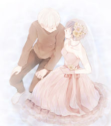 Rule 34 | 1boy, 1girl, bad id, bad pixiv id, bare arms, bare shoulders, barefoot, breasts, brown pants, brown sweater, cleavage, collarbone, couple, dress, flower, from above, gloves, gradient background, hair flower, hair ornament, holding hands, kaneki ken, kirishima touka, long sleeves, medium breasts, off shoulder, pants, pink dress, pink gloves, short hair, sleeveless, sleeveless dress, smile, strapless, strapless dress, sweater, tokyo ghoul, tokyo ghoul:re, toukaairab, wedding dress, white flower, yellow flower