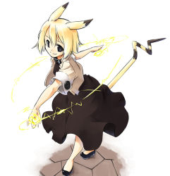 Rule 34 | 1girl, animal ears, black eyes, blonde hair, collar, creatures (company), electricity, female focus, full body, game freak, gen 1 pokemon, hair between eyes, jacket, lightning, nintendo, personification, pikachu, pikachu tail, pokemon, pokemon tail, sakuraba yuuki, shoes, short hair, simple background, skirt, smile, solo, standing, tail, white background