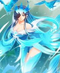 Rule 34 | 1girl, bare shoulders, bird, black hair, blue eyes, blue hair, breasts, cleavage, collarbone, commentary, earrings, english commentary, genshin impact, hair over one eye, headgear, highres, jewelry, large breasts, leotard, long hair, long sleeves, looking at viewer, mermaid, monster girl, multicolored hair, oceanid (genshin impact), personification, pun-rii, two-tone hair