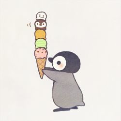 Rule 34 | animal focus, ayu (mog), bird, black eyes, blush, food, ice cream, ice cream cone, lowres, no humans, original, penguin, simple background, solo, too many, too many scoops