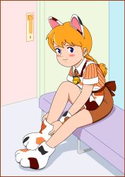 Rule 34 | 1girl, aliasing, animal ears, apron, artist request, bare legs, bell, bench, blonde hair, blush stickers, braid, braided ponytail, brown skirt, cat ears headband, collar, collared shirt, commentary request, contemporary, door, fake animal ears, hair ribbon, indoors, jingle bell, katri girl of meadows, katri ukonniemi, knee up, long hair, looking at viewer, makiba no shoujo katri, miniskirt, nippon animation, paw shoes, pencil skirt, red ribbon, ribbon, shirt, shoes, short sleeves, sitting, skirt, solo, waist apron, waitress, waitress uniform, white collar, world masterpiece theater, wrist cuffs