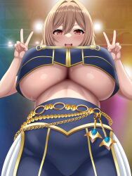 1girl black_shorts breasts brown_eyes brown_hair cowboy_shot double_v from_below furen_e_lustario highres large_breasts long_hair looking_at_viewer nijisanji nijisanji_symphonia_concert_uniform riki_(power_step) shorts underboob v virtual_youtuber