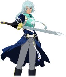 Rule 34 | 1boy, aqua hair, armor, black gloves, blue eyes, boots, braid, commentary, english commentary, feet out of frame, gloves, grey pants, highres, holding, holding sword, holding weapon, long hair, male focus, official art, pants, sword, tales of (series), tales of asteria, tales of rebirth, transparent background, veigue lungberg, weapon