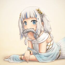 Rule 34 | 1girl, absurdres, ancient greek clothes, blue dress, blue eyes, blue hair, blunt bangs, blush, bracelet, braid, breasts, dress, fish, fish in mouth, gawr gura, gawr gura (party dress), gradient dress, greco-roman clothes, grey hair, hair ornament, highres, hololive, hololive english, jewel under eye, jewelry, long hair, looking at viewer, mouth hold, multicolored hair, off-shoulder dress, off shoulder, shark girl, simple background, small breasts, solo, streaked hair, twintails, virtual youtuber, vorisar, white dress