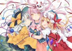 Rule 34 | 3girls, :&lt;, :d, blonde hair, blouse, blue eyes, bow, commentary request, fang, flandre scarlet, floral print, food, food-themed background, fox mask, from side, green skirt, group hug, hair between eyes, hand on another&#039;s head, hat, hat ribbon, hata no kokoro, heart, heart of string, hug, komeiji koishi, long hair, long sleeves, looking at viewer, looking back, macaron, mask, medium hair, mob cap, multiple girls, open mouth, orange eyes, pink bow, pink hair, pink skirt, plaid, plaid shirt, pointy ears, polka dot, polka dot background, puffy short sleeves, puffy sleeves, red eyes, red skirt, red vest, ribbon, rose print, shirt, short hair, short sleeves, side ponytail, sidelocks, signature, silver hair, skirt, smile, sparkle, teeth, third eye, touhou, toutenkou, triangle, upper body, vest, white background, wings, wrist cuffs, yellow shirt