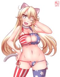 Rule 34 | 10s, 1girl, 2016, ;d, adapted costume, alternate eye color, american flag, american flag legwear, american flag panties, american flag print, animal ears, ass, bare shoulders, blonde hair, blush, bra, breasts, cat cutout, cat ear panties, cat ears, cat lingerie, cat tail, cleavage, cleavage cutout, clothing cutout, collarbone, cowboy shot, dated, flag print, frilled bra, frills, gluteal fold, grey eyes, hair between eyes, hand on own head, hand on own hip, highres, iowa (kancolle), kanon (kurogane knights), kantai collection, large breasts, long hair, looking at viewer, meme attire, navel, one eye closed, open mouth, panties, print bra, print panties, print thighhighs, side-tie panties, simple background, smile, solo, star-shaped pupils, star (symbol), star print, stomach, striped clothes, striped thighhighs, symbol-shaped pupils, tail, thigh gap, thighhighs, thighs, underwear, underwear only, vertical-striped clothes, vertical-striped thighhighs, white background