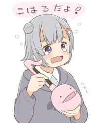 Rule 34 | . ., 1girl, blush stickers, cevio, commentary, crying, crying with eyes open, double bun, eighth note, grey hair, grey hoodie, hair bun, highres, holding, holding instrument, hood, hoodie, instrument, itesu, koharu rikka, logo, musical note, open mouth, otamatone, purple eyes, short hair, sketch, solo, speech bubble, synthesizer v, tears, translated, upper body, wavy mouth, white background