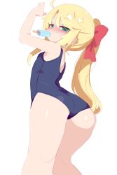 1girl ahoge ass blonde_hair blue_one-piece_swimsuit breasts feet_out_of_frame food from_behind green_eyes highres himesaka_noa kukuchi581 loli long_hair looking_at_viewer mouth_hold one-piece_swimsuit ponytail popsicle school_swimsuit small_breasts solo standing swimsuit watashi_ni_tenshi_ga_maiorita!