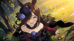 Rule 34 | 1girl, :d, blue dress, blue flower, blue hat, blue rose, bow, brown hair, commentary, dress, dress bow, flower, from above, fur collar, hair over one eye, hat, hat flower, highres, horse girl, kibidango 14-gou, long hair, looking at viewer, looking up, off-shoulder dress, off shoulder, open mouth, purple eyes, rice shower (umamusume), rose, signature, smile, solo, tilted headwear, umamusume