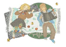 Rule 34 | 1boy, 1girl, accordion, apple, artist name, black skirt, blonde hair, bo oj0916, bow (weapon), brown hair, closed eyes, earrings, food, from above, fruit, golden apple, hair ornament, hairclip, highres, holding, holding instrument, instrument, jewelry, link, long sleeves, lying, music, nintendo, on back, open clothes, open mouth, playing instrument, pleated skirt, pointy ears, princess zelda, rug, skirt, socks, sweater, the legend of zelda, the legend of zelda: tears of the kingdom, violin, weapon