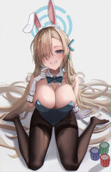 Rule 34 | 1girl, absurdres, animal ears, asuna (blue archive), asuna (bunny) (blue archive), bare shoulders, blonde hair, blue archive, blue eyes, blue leotard, bow, bowtie, breasts, brown pantyhose, cleavage, collarbone, covered navel, detached collar, fake animal ears, gloves, grin, hair over one eye, hair ribbon, halo, hand up, highres, large breasts, leotard, long hair, looking at viewer, moko (jw7436), mole, mole on breast, no shoes, official alternate costume, pantyhose, parted bangs, playboy bunny, poker chip, rabbit ears, ribbon, sitting, smile, solo, strapless, strapless leotard, thighband pantyhose, thighs, very long hair, wariza, white gloves