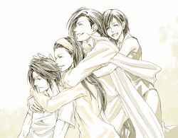 Rule 34 | 1990s (style), 2boys, 2girls, :d, ^ ^, brother and sister, closed eyes, ellone, closed eyes, family, father and daughter, father and son, final fantasy, final fantasy viii, grin, group hug, hairband, hug, hug from behind, husband and wife, laguna loire, monochrome, mother and daughter, mother and son, multiple boys, multiple girls, nishi (wweesstt), open mouth, raine loire, siblings, smile, spoilers, squall leonhart, square enix