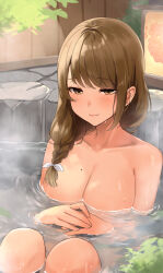 Rule 34 | 1girl, bath, bathing, blush, braid, breasts, brown eyes, brown hair, cleavage, fire emblem, fire emblem engage, goldmary (fire emblem), hair ribbon, haru (nakajou-28), highres, large breasts, low-braided long hair, low-tied long hair, low ponytail, medium hair, mole, mole on breast, nintendo, onsen, partially submerged, ribbon, smile, solo, wet, white ribbon