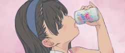 Rule 34 | 1girl, arm up, black hair, blue hairband, blush, bottle, can, character request, child, commentary request, copyright request, drink can, drinking, female focus, grey eyes, grey hair, hairband, highres, holding, holding can, long hair, pink background, pinky out, portrait, saeki tatsuya, sailor collar, simple background, soda can, solo, translation request