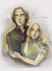 Rule 34 | 1boy, 1girl, aberforth dumbledore, ariana dumbledore, black shirt, blonde hair, blue eyes, brother and sister, brown hair, collared shirt, daisy, family, flower, harry potter (series), shirt, siblings, witch, wizard, wizarding world