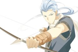 Rule 34 | arrow (projectile), blue eyes, blue hair, bow (weapon), chester burklight, closed mouth, echo (circa), fingerless gloves, gloves, long hair, looking at viewer, male focus, ponytail, simple background, solo, tales of (series), tales of phantasia, weapon, white background