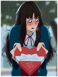 Rule 34 | 1girl, bags under eyes, black coat, black hair, blurry, blurry background, box, coat, commentary, english commentary, fingernails, francisco mon, glasses, heart-shaped box, heavy breathing, highres, incoming gift, long hair, looking to the side, messy hair, mole, mole under eye, open mouth, original, outdoors, round eyewear, shirt, translation request, umi (francisco mon), valentine, white shirt