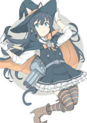 Rule 34 | 1girl, adapted turret, animal ears, asashio (kancolle), bad id, bad pixiv id, black cape, black hair, black hat, blue eyes, bow, bowtie, cape, cat ears, cat tail, dress, frilled dress, frills, full body, gloves, hat, kantai collection, long hair, ninimo nimo, official alternate costume, orange bow, orange bowtie, pinafore dress, searchlight, simple background, sleeveless, sleeveless dress, solo, striped clothes, striped thighhighs, tail, thighhighs, wand, white background, white gloves, witch hat