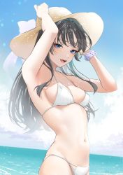 Rule 34 | 1girl, :d, armpits, arms up, black hair, blue eyes, blue sky, blush, breasts, carrot (robosquat), cleavage, cowboy shot, day, hands on headwear, hat, highres, horizon, long hair, looking at viewer, medium breasts, navel, ocean, open mouth, original, outdoors, scrunchie, sky, smile, solo, stomach, sun hat, water, wrist scrunchie