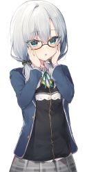 Rule 34 | 1girl, alternate costume, ars almal, blue eyes, blush, glasses, hair between eyes, hair ornament, hair ribbon, hands on own cheeks, hands on own face, highres, jacket, looking at viewer, nijisanji, open mouth, ribbon, school uniform, silver hair, simple background, solo, virtual youtuber, warayanuko, white background